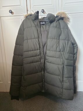Olive Green Quilted Puffer Jacket with Faux Fur Hood